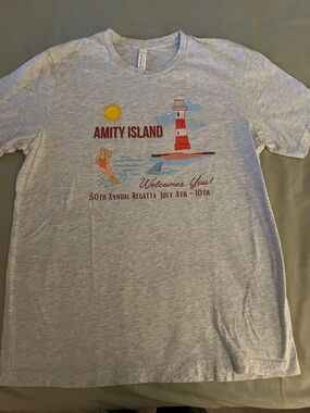 Bella Canvas Heather Gray Amity Island Graphic Tee with Red and Yellow Print